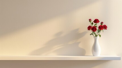 Naklejka premium Red Roses in a White Vase on a White Shelf Against a Beige Wall