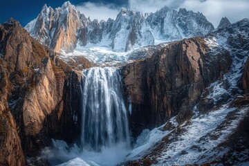 A stunning waterfall cascades down rugged cliffs, surrounded by snow-capped mountains and a serene landscape.
