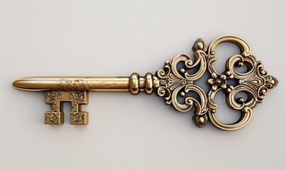 Ornate antique key, white background, 4K hyperrealistic photo
