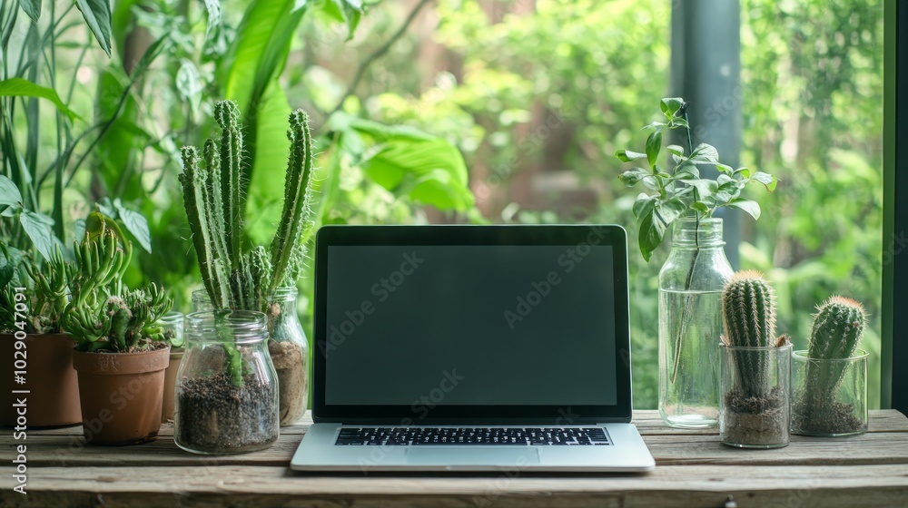 Poster a laptop with a blank screen sits on a wooden table in front of a window with a view of lush greener