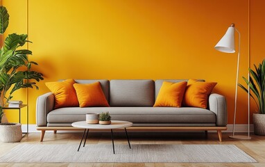 Modern living room interior with a comfortable gray sofa and vibrant orange pillows against a bold orange wall