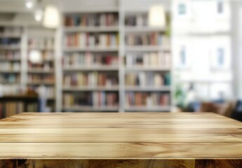 A wooden table in a blurred, colorful library setting with natural light.