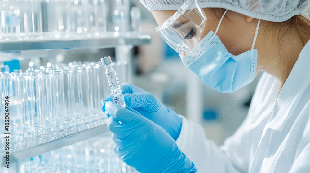 Poster a scientist in a laboratory examines samples under a microscope while wearing protective gear during