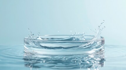 Water droplet splashing in a petri dish with ripples on a blue background.