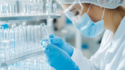 Fototapeta premium A scientist in a laboratory examines samples under a microscope while wearing protective gear during the day