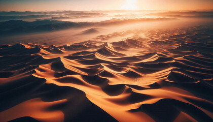 Aerial view of endless desert dunes at sunrise, with waves of golden sand extending toward the horizon