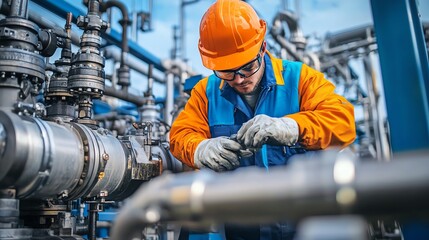 Fototapeta premium Worker inspecting machinery in a factory setting with safety gear.