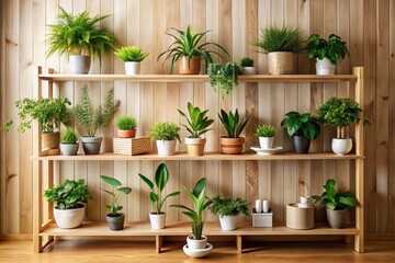 Minimalist Wooden Shelf with Indoor Plants in Natural Light - Architectural Photography