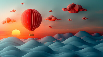 Obraz premium Hot air balloon over a wavy landscape of red clouds at sunset. A hot air balloon floats over a surreal landscape of wavy red clouds under a sunset sky.
