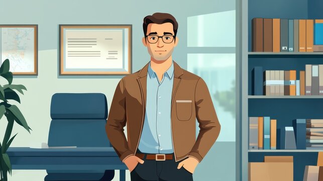 An animated image of a man standing in an office setting, wearing a brown jacket, blue shirt, and glasses, with a confident expression