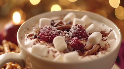 Close-up of a warm cup of hot chocolate topped with marshmallows, chocolate shavings, raspberries, pecans, and powdered sugar, with a blurred background of Christmas lights.
