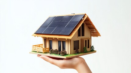Hand holding a model house with solar panels, showcasing ecology, sustainability, and energy efficiency against a clean white background