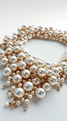 Obraz premium Elegant pearl necklace, white background, 4K hyperrealistic photo