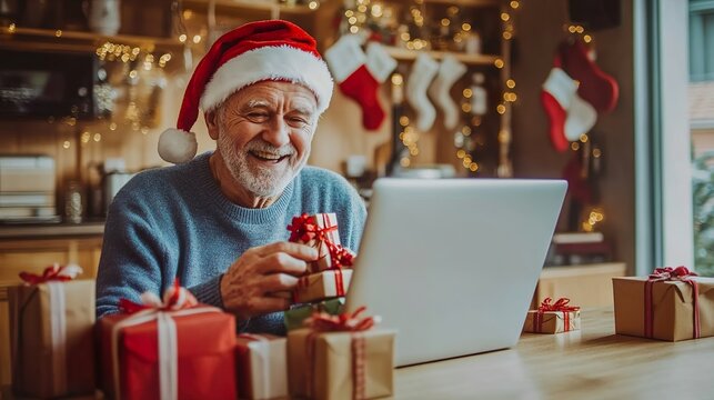 Elderly man with Santa hat video calling during Christmas