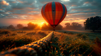Obraz premium Hot air balloon preparing for flight at dawn.Red hot air balloon ready to take off in a misty field at dawn.