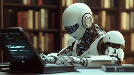 AI content creator, 3D illustration showcasing an AI-powered bot generating engaging text, symbolizing the future of writing and digital communication through advanced technology.