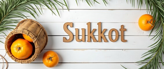 Green willow branches, palm branches, citrus fruits on a white wooden background. The concept of the Sukkot holiday. A copy space. top view