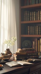 An empty scene featuring a collection of Kannada literature books arranged neatly on a shelf with traditional decor in the background, creating an ideal 
