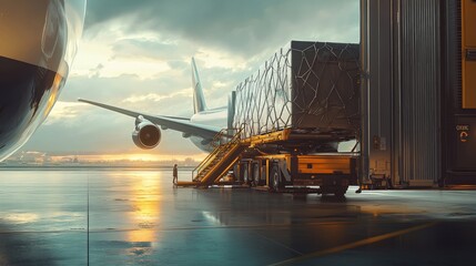 Air Cargo Operations, A bustling airport scene showcasing a cargo freighter being loaded with luggage and freight using a high loader, highlighting global logistics and trade.