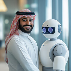 Saudi Arabian Gulf man meeting an advanced smart robot, Saudi future vision technology, advanced modern robot, a portrait of a programming and modernization of artificial intelligence technology,
