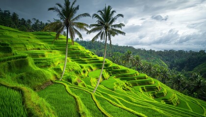 Obraz premium A lush landscape of terraced rice fields under a dramatic sky, showcasing nature's beauty and agricultural practices.