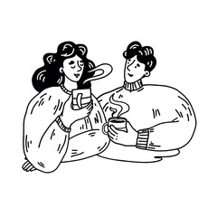 Smilling man and woman in a warm sweaters with aromatic drinks tea or coffee in cups in their hands. Vector black and white hand drawn outline illustration