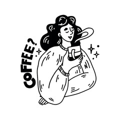 Coffee? Vector hand drawn minimalistic outline portrait of a woman in sweater with a cup in her hands. She close her eyes and smell her aromatic drink