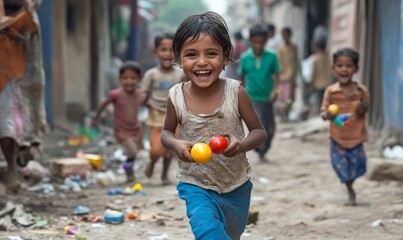 Smiling girl holding balls in a street.