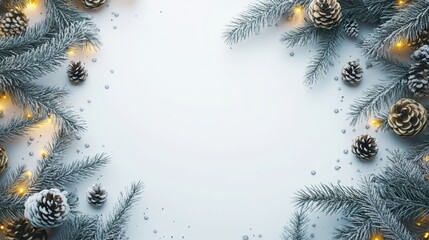 Fir tree Christmas frame, red gold Christmas decorations on white background. Copy space. New Year