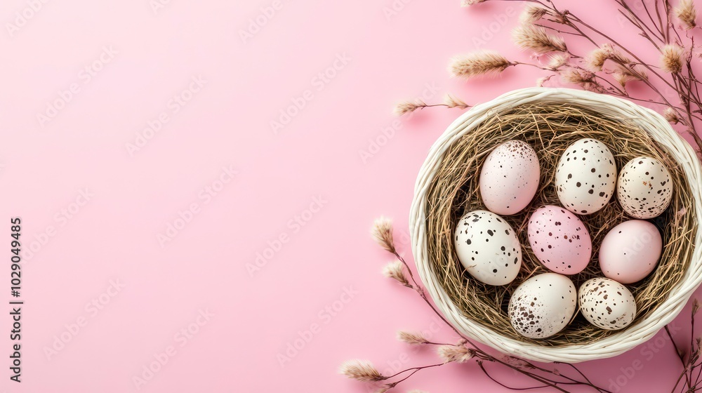Poster easter eggs in a nest on a pink background with copy space.