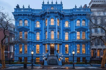 An exquisite evening view of an ornate historical blue building showcasing intricate architectural design, located in a charming urban street setting