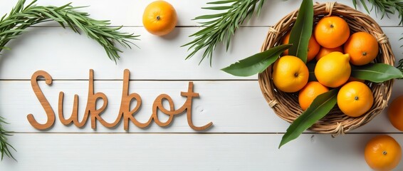 Green willow branches, palm branches, citrus fruits on a white wooden background. The concept of the Sukkot holiday. A copy space. top view