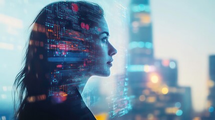 A woman's profile silhouette is layered over a futuristic cityscape with glowing digital data, representing the connection between technology and humanity.