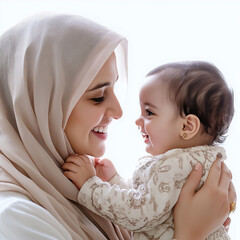 Young Happy Arabian mother woman wearing hijab, holding her newborn baby, with her child son, daughter