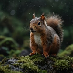 Fototapeta premium A red squirrel sits on a mossy log in the rain, looking curiously at the camera.