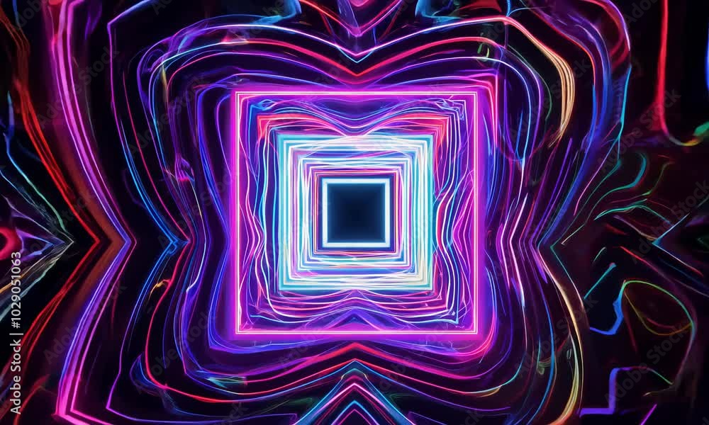 Poster a detailed video for generating an image of a swirling abstract tunnel of neon lights.