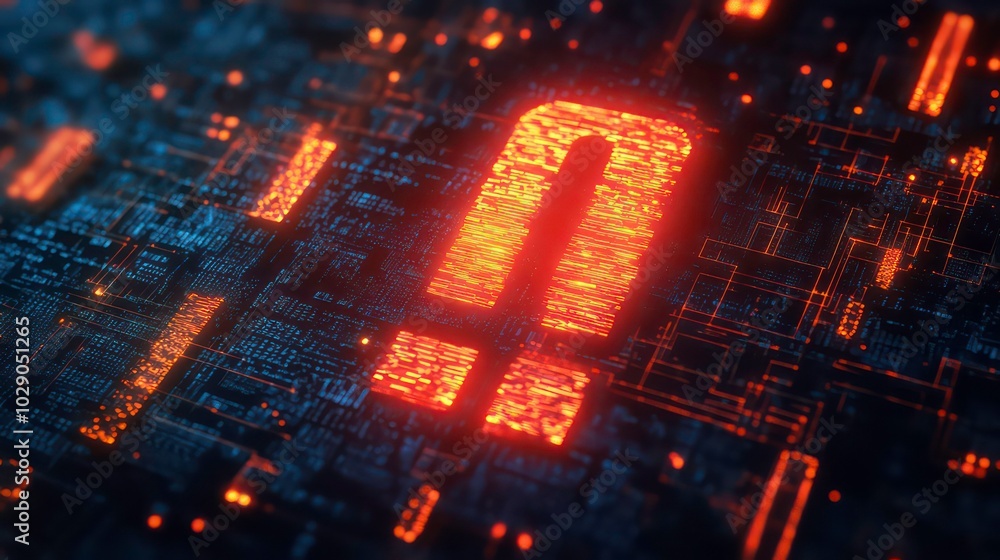 Poster a glowing exclamation point in the shape of a circuit board.