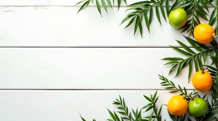 Green willow branches, palm branches, citrus fruits on a white wooden background. The concept of the Sukkot holiday. A copy space. top view