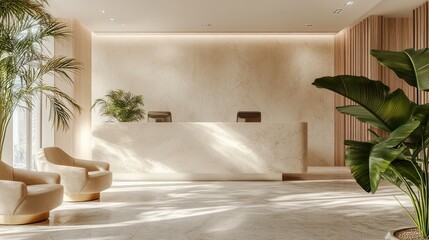 white luxury showroom with reception area, beige chairs in the waiting area