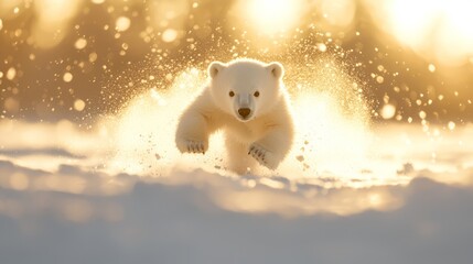Obraz premium Arctic Adventure - Playful Polar Bear Cub with Watchful Mother in Winter Wonderland, Enhanced by Cinematic Light