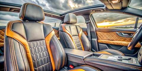 Fototapeta premium Modern Car Race Interior with Black Leather and Yellow Stitching - High Dynamic Range Photography