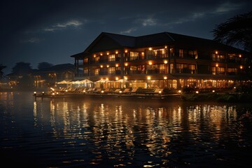 Naklejka premium A stunning nighttime view captures the enchanting allure of a beautifully illuminated lakeside hotel, reflecting shimmering lights on calm waters during a tranquil evening