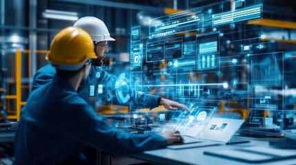 Two male engineers in a factory setting reviewing data on a large digital screen.