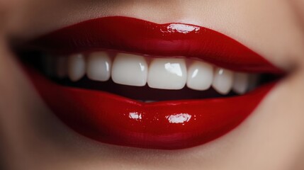 Obraz premium smiling lips wearing bright red lipstick