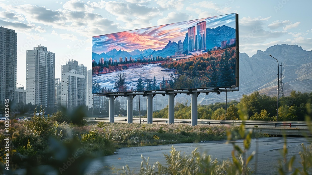 Wall mural Realistic billboard mockup in a modern cityscape, featuring a large advertisement with clear visibility for effective and impactful marketing presentations. High resolution Illustration, in the style