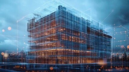 A modern glass office building with a digital rendering overlay, showcasing futuristic design and connectivity.