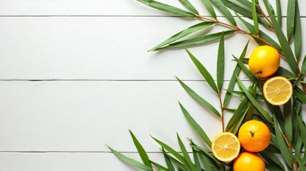 Green willow branches, palm branches, citrus fruits on a white wooden background. The concept of the Sukkot holiday. A copy space. top view
