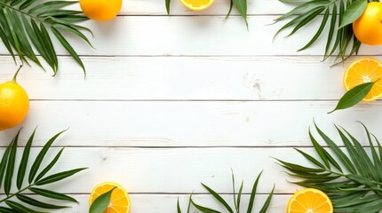 Green willow branches, palm branches, citrus fruits on a white wooden background. The concept of the Sukkot holiday. A copy space. top view