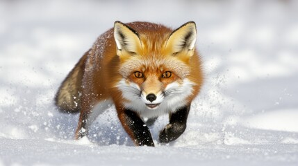 Obraz premium Majestic Winter Wildlife: Red Fox Hunting in Snowy Field with Ultra-Detailed, Cinematic Light