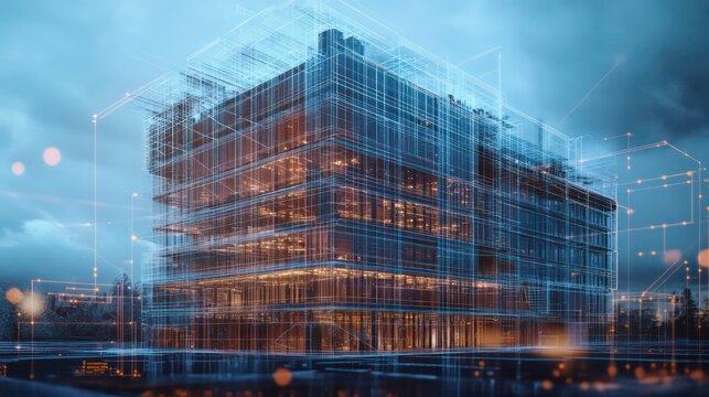 A modern glass office building with a digital rendering overlay, showcasing futuristic design and connectivity.